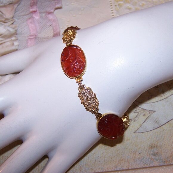 Art Deco 14K Gold Carved Carnelian Flower Filigree Link Bracelet - 7" Long - Picture 1 of 8